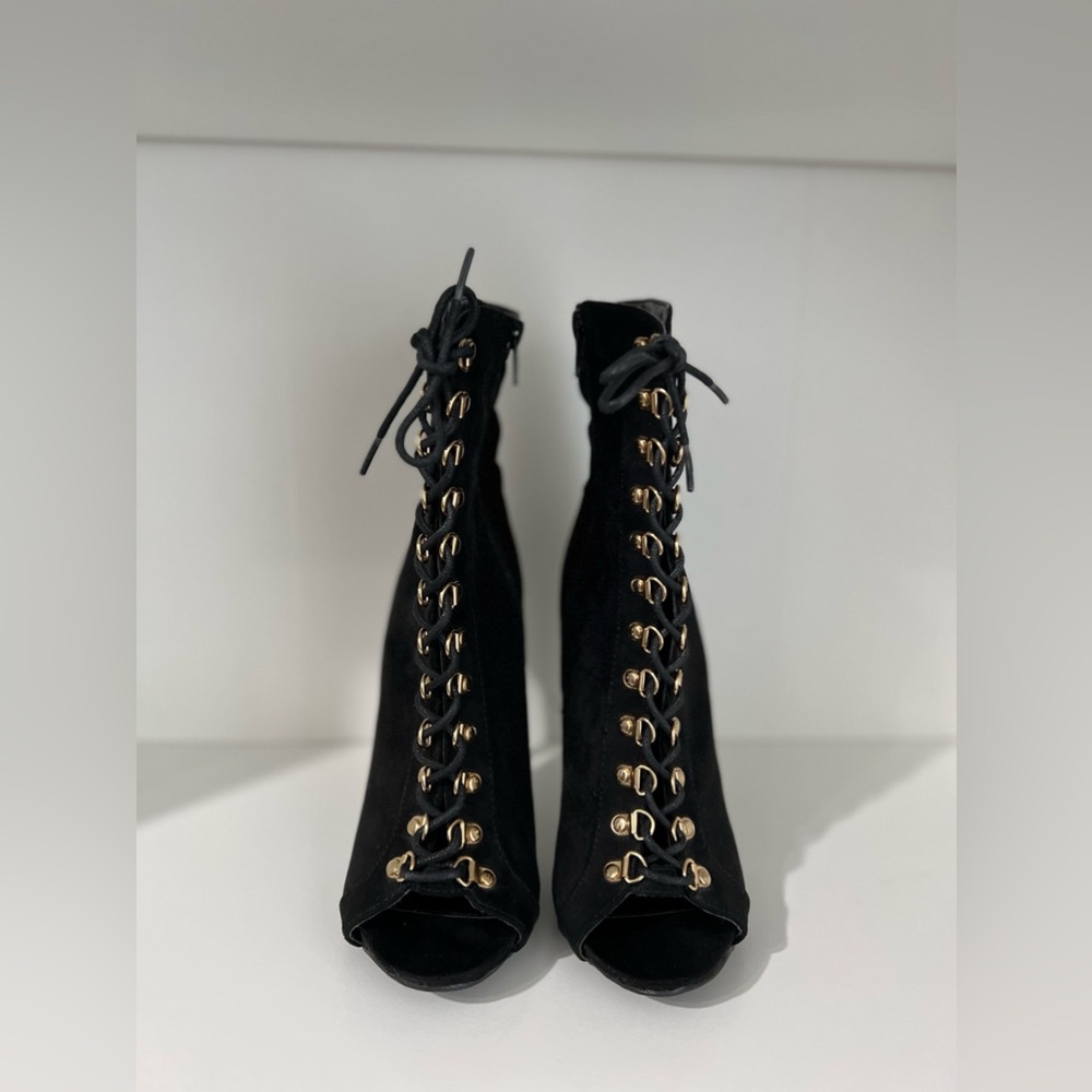 Black open toe tie up bootie heels